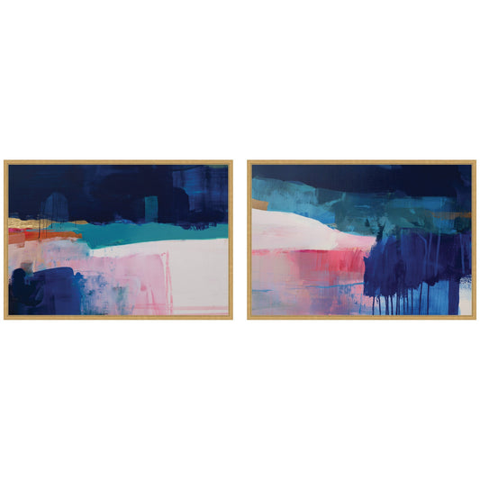 Two abstract paintings with colorful brushstrokes in wooden frames on a white background