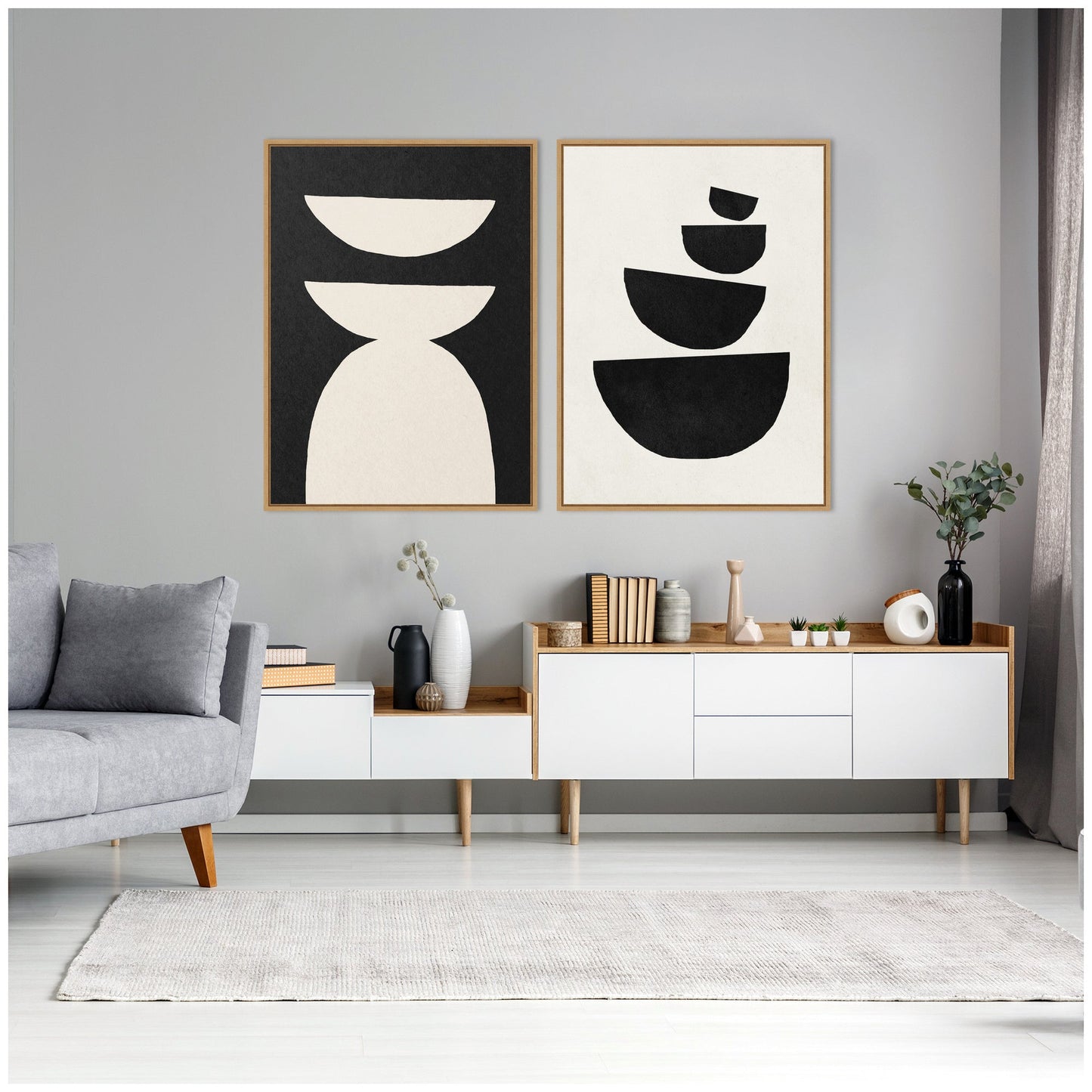 Sylvie White Geometric Abstract and Black Geometric Abstract Framed Canvas Art Set by July Art Prints