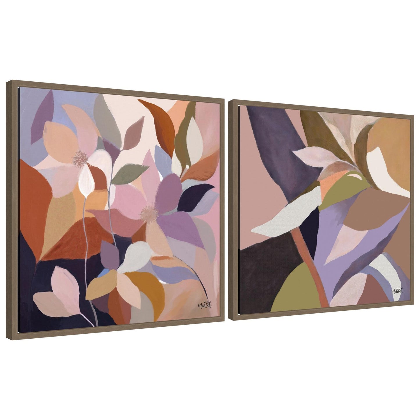 Two abstract art pieces with colorful leaves on a white background