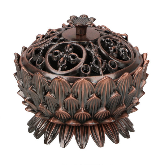 Decorative bronze incense burner with intricate designs on a white background