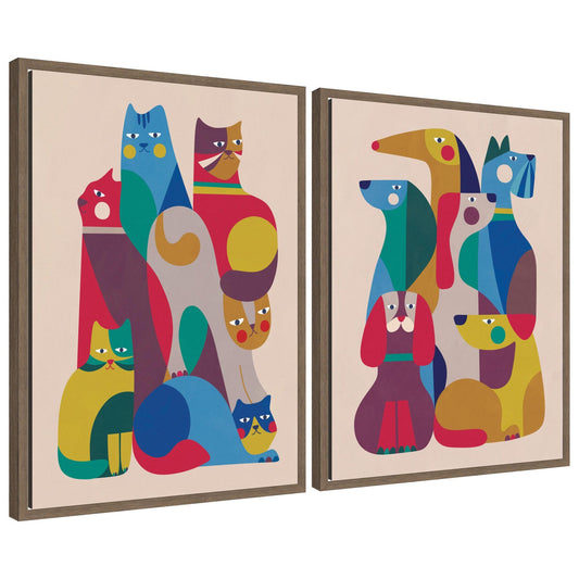 Retro Cats & Dogs 2 Piece Framed Canvas Wall Art Set by Rachel Lee