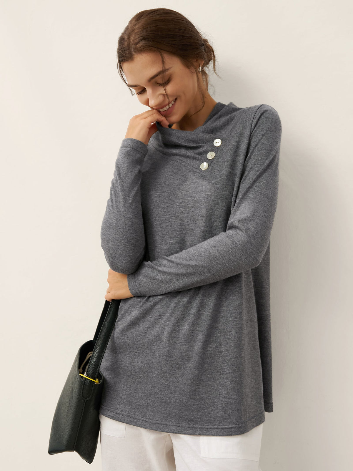 Cashmere Asymmetric Cowl Neck Stretch Top TATIANA