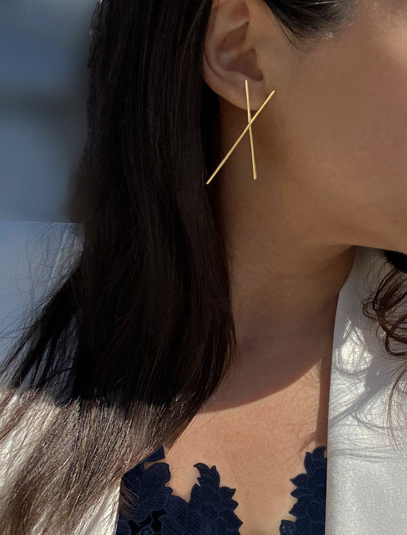 Chopstick Long Earrings in 18k Gold over Sterling Silver | Linear Drop Statement Earrings