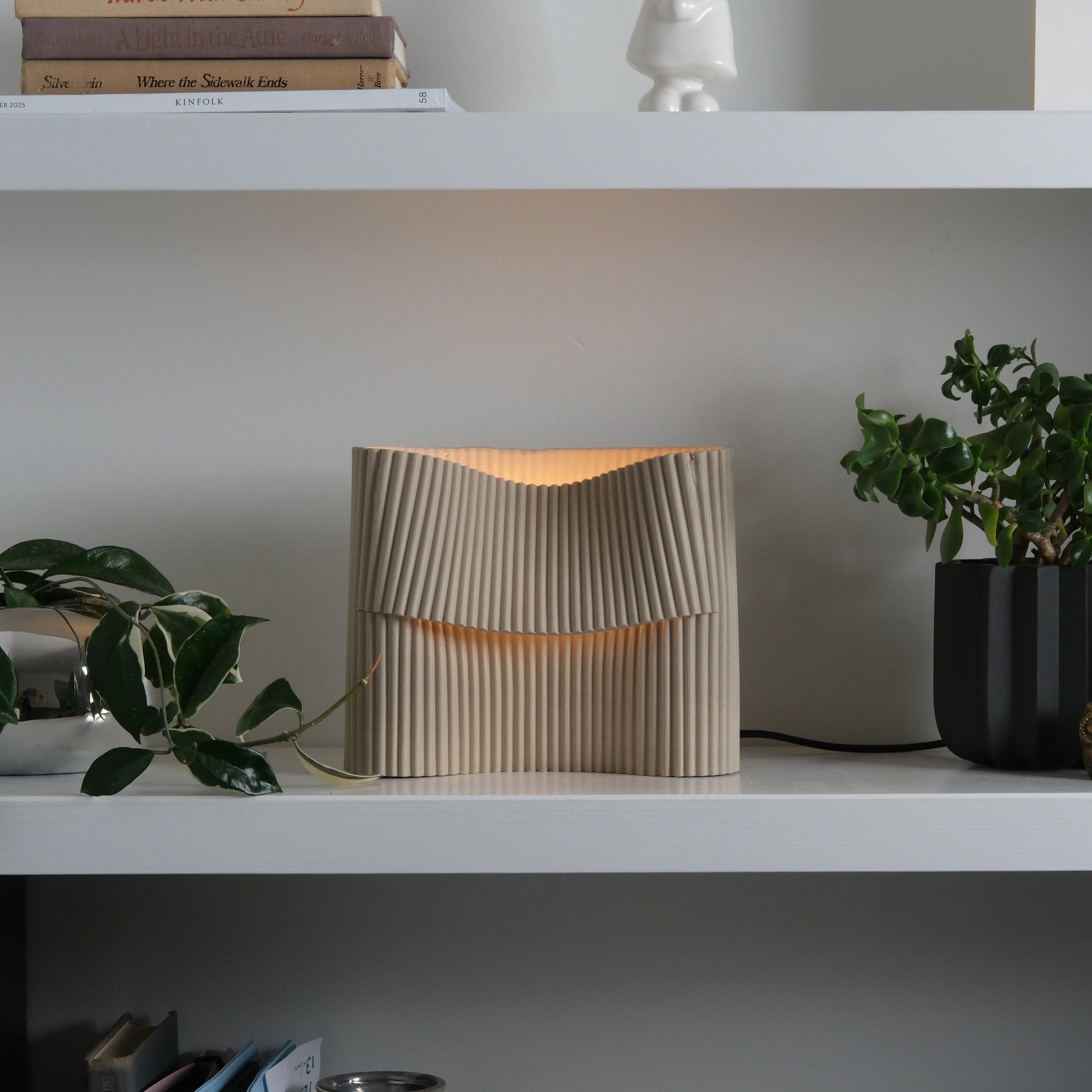 Modern pleated lamp on a shelf with books and plants