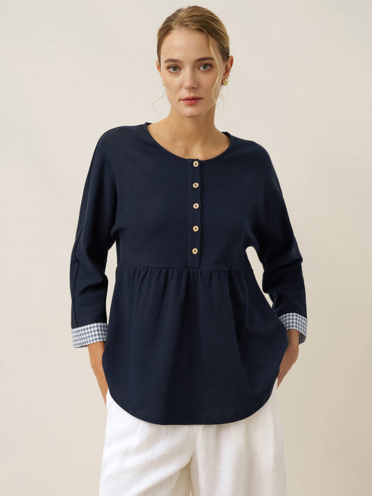 Organic Cotton Patchwork Cuff Button Decor Top AUDREY