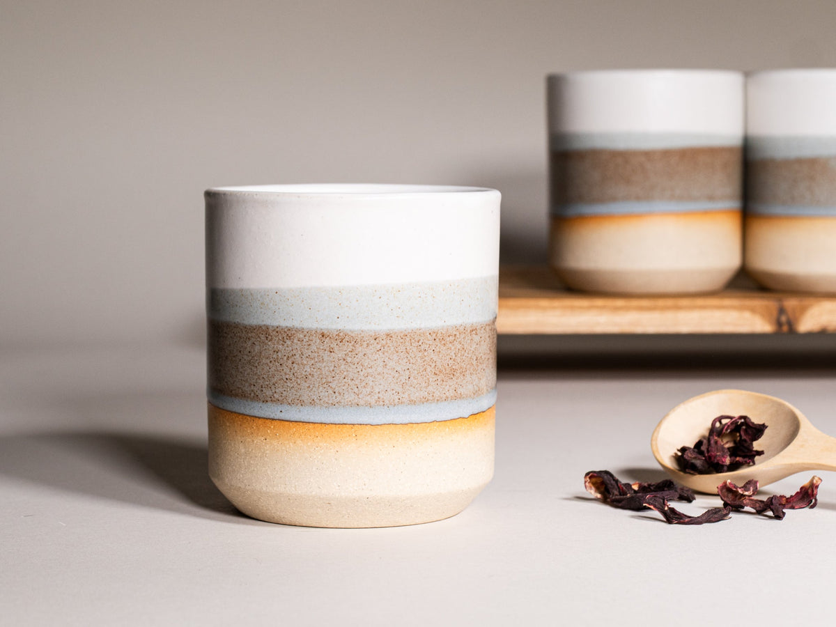 Smoothie Cup Brown Blue White 14 oz Stoneware