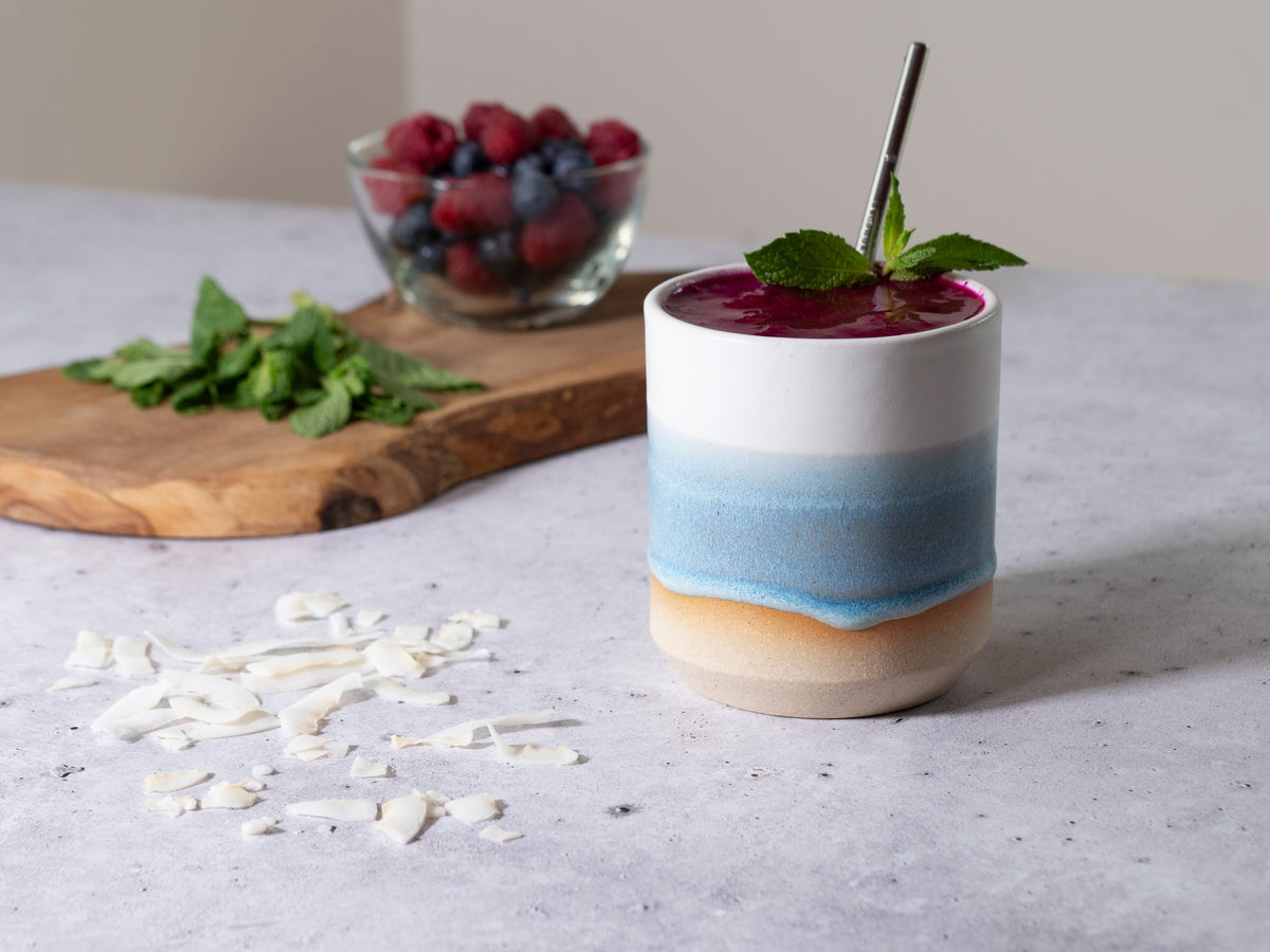Smoothie Cup Ice Blue White 14 oz Stoneware