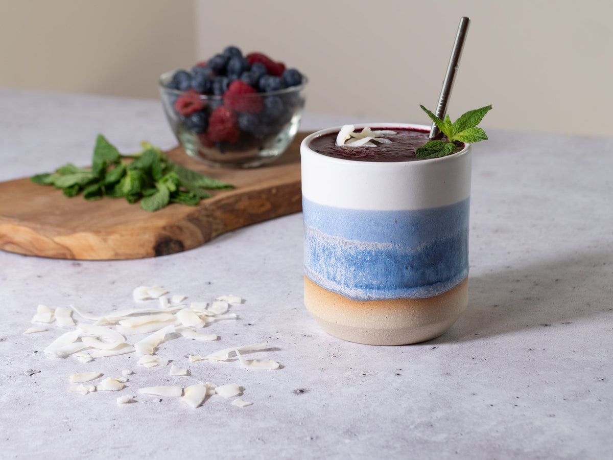 Smoothie Cup Blue Purple White 14 oz Stoneware