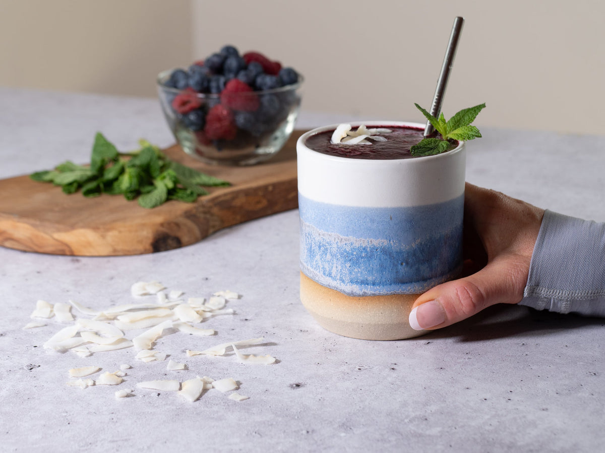 Smoothie Cup Blue Purple White 14 oz Stoneware