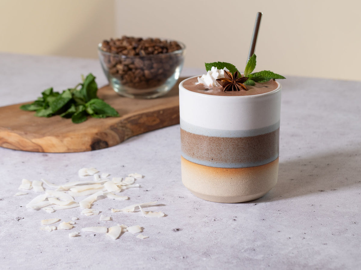 Smoothie Cup Brown Blue White 14 oz Stoneware