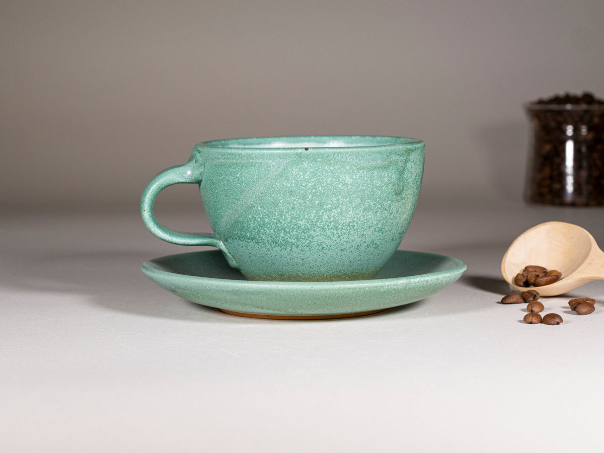 Cappuccino Cup, Latte Cup: Green/White, approximately 10 -12 oz, Stoneware