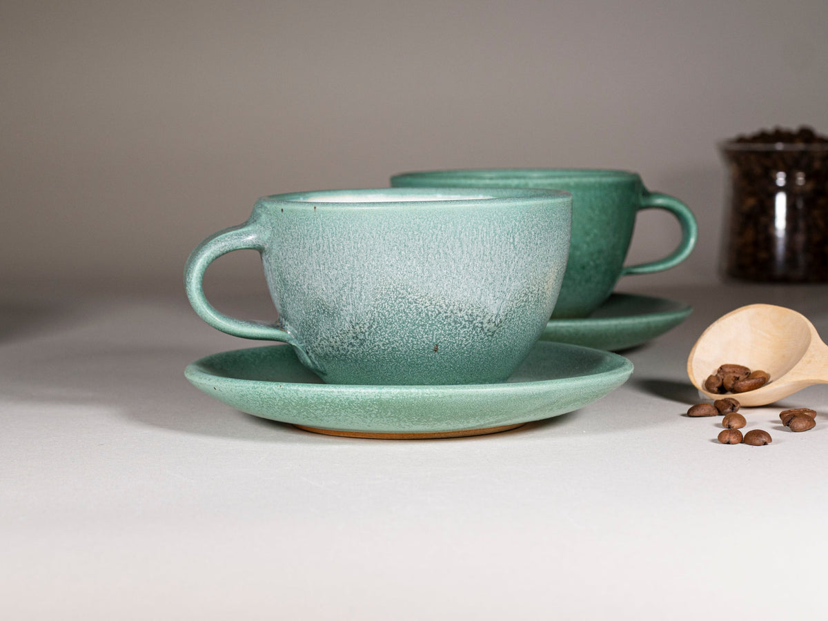Cappuccino Cup, Latte Cup: Green/White, approximately 10 -12 oz, Stoneware