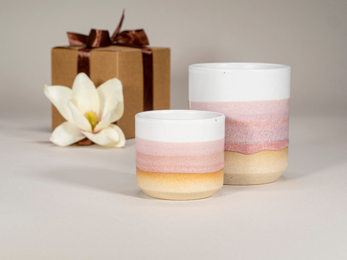 Gift Set: 14 oz cup and 5.5 oz cup in Pink White Stoneware