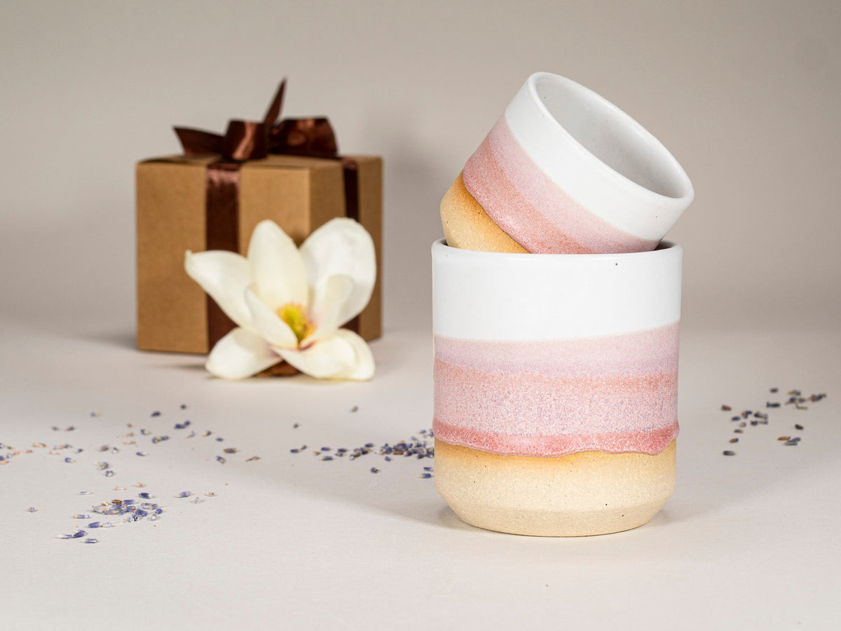 Gift Set: 14 oz cup and 5.5 oz cup in Pink White Stoneware