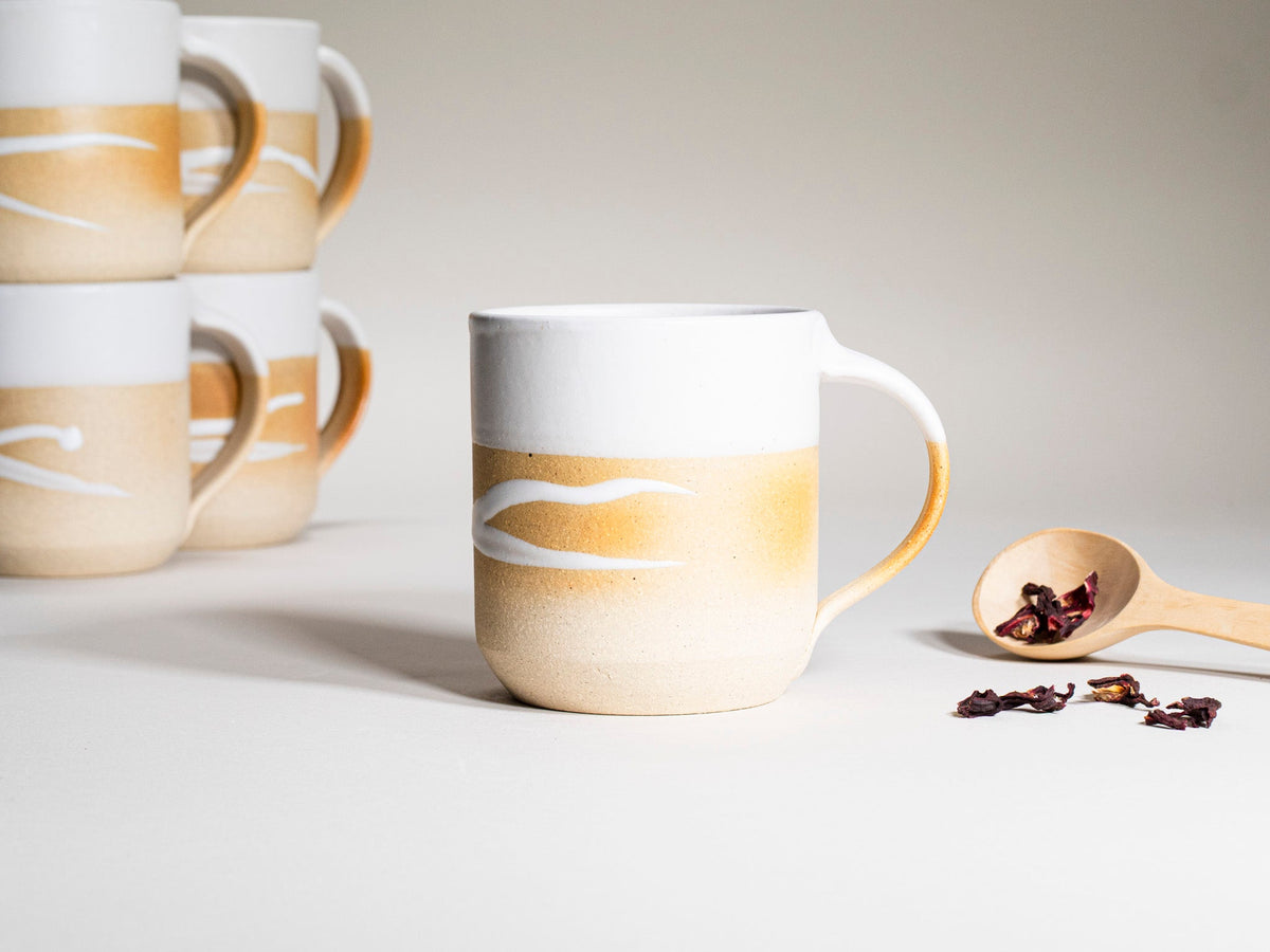 Ceramic Coffee Tea Mug with Handle Sandy White w/Trailing 14 oz Stoneware