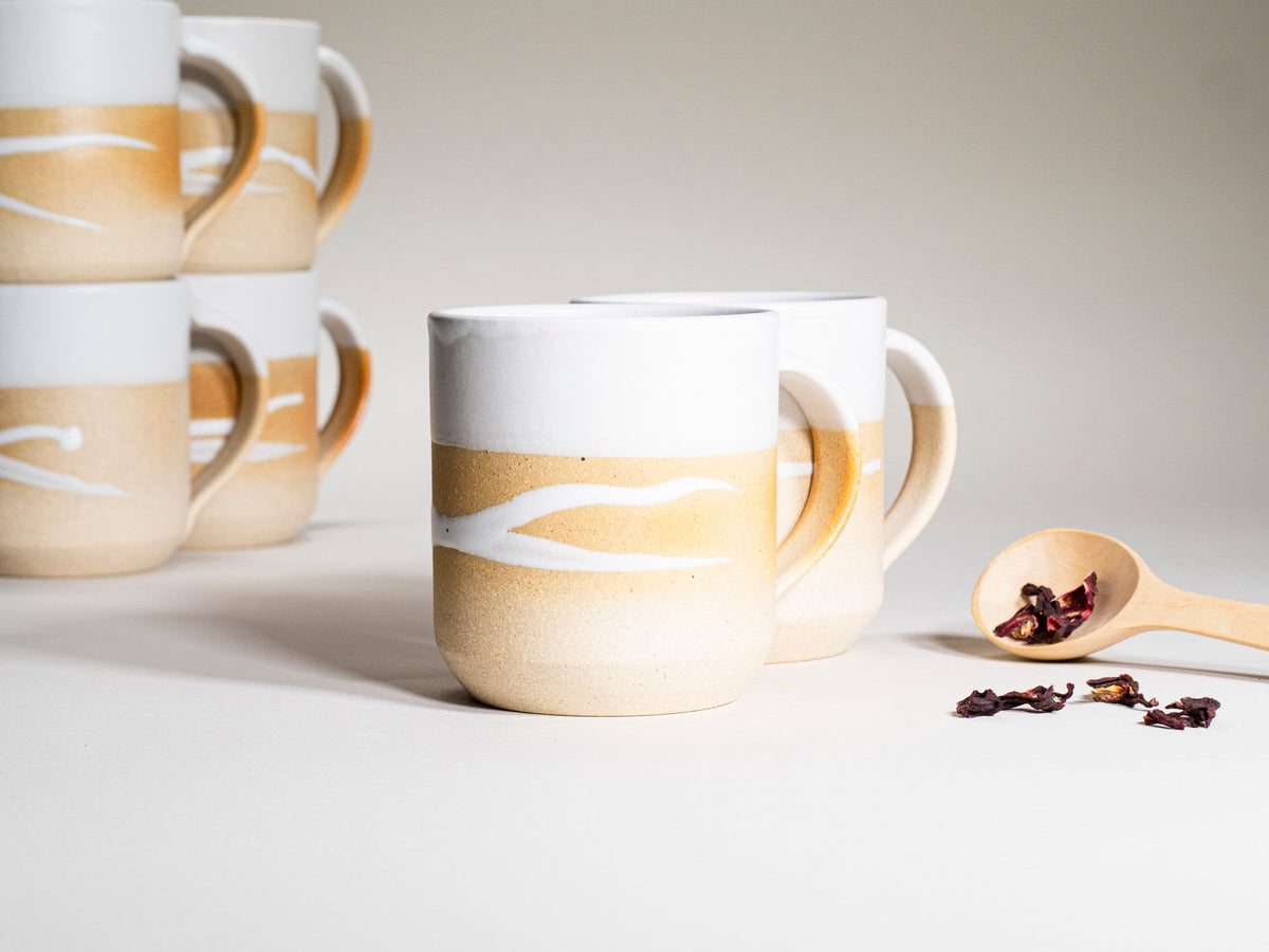 Ceramic Coffee Tea Mug with Handle Sandy White w/Trailing 14 oz Stoneware