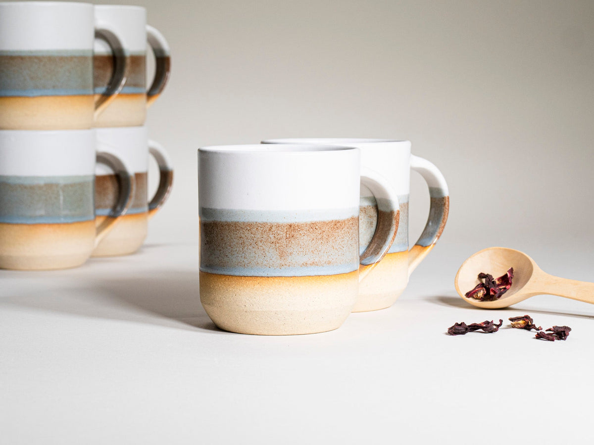 Ceramic Coffee Tea Mug with Handle Brown-Blue White 14 oz Stoneware