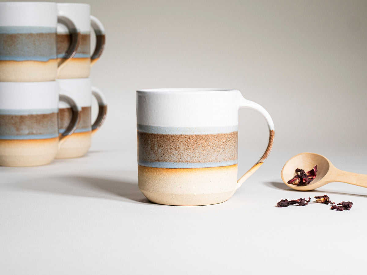 Ceramic Coffee Tea Mug with Handle Brown-Blue White 14 oz Stoneware