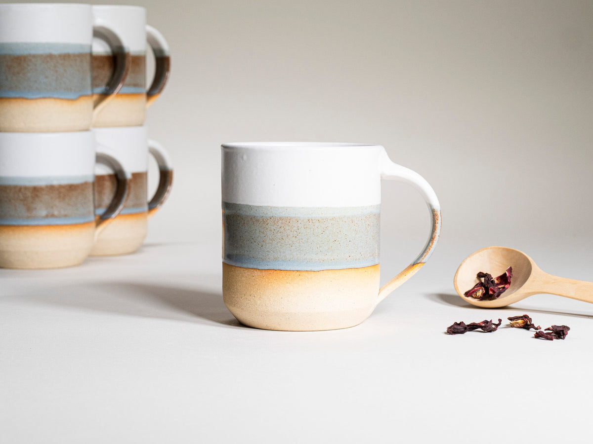Ceramic Coffee Tea Mug with Handle Brown-Blue White 14 oz Stoneware
