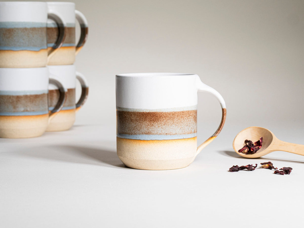 Ceramic Coffee Tea Mug with Handle Brown-Blue White 14 oz Stoneware