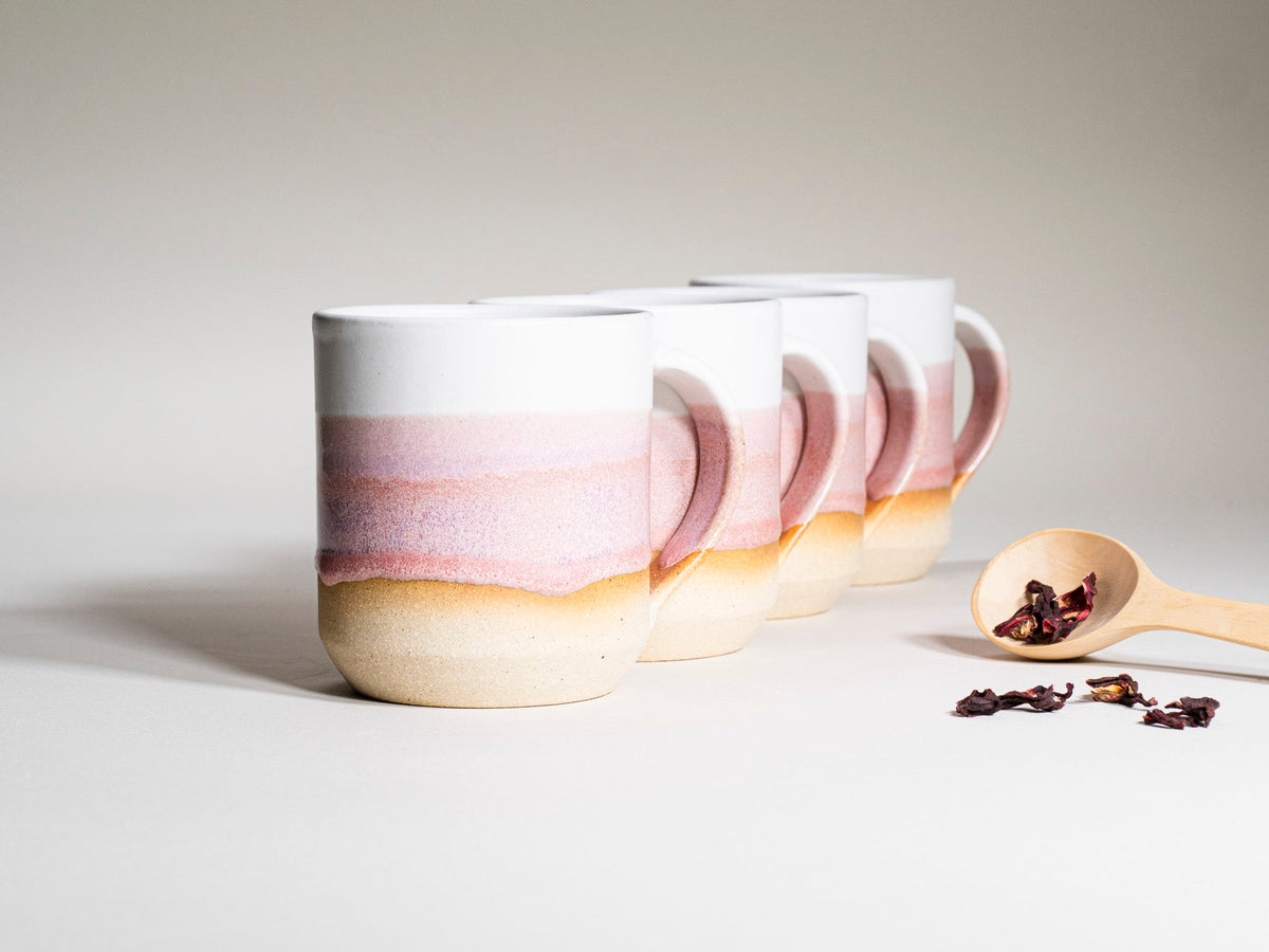 Ceramic Coffee Tea Mug with Handle Pink White 14 oz Stoneware