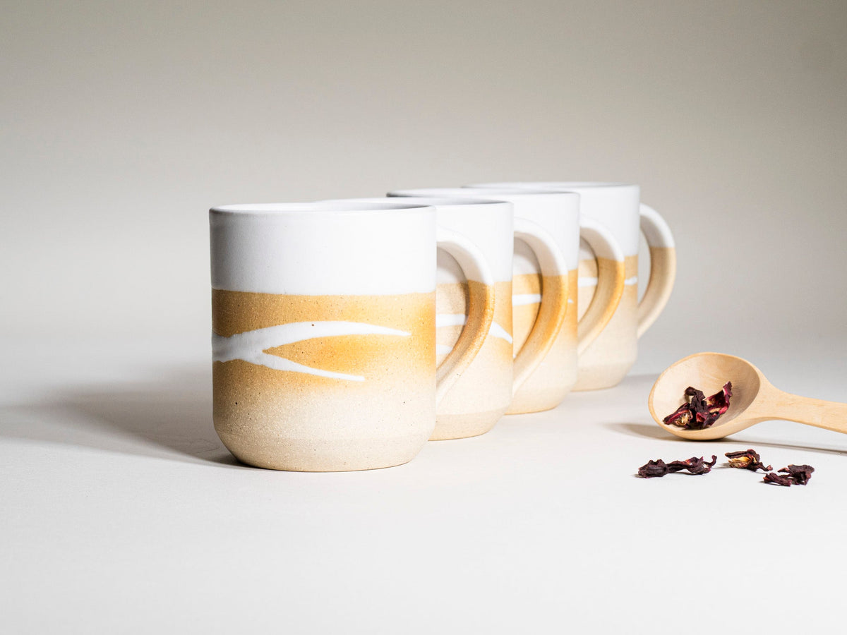 Ceramic Coffee Tea Mug with Handle Sandy White w/Trailing 14 oz Stoneware
