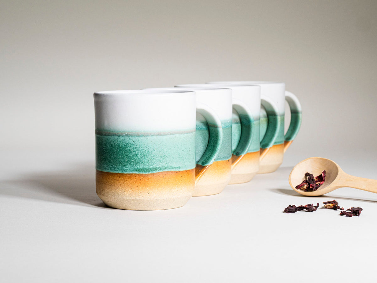 Ceramic Coffee Tea Mug with Handle Green White 14 oz Stoneware
