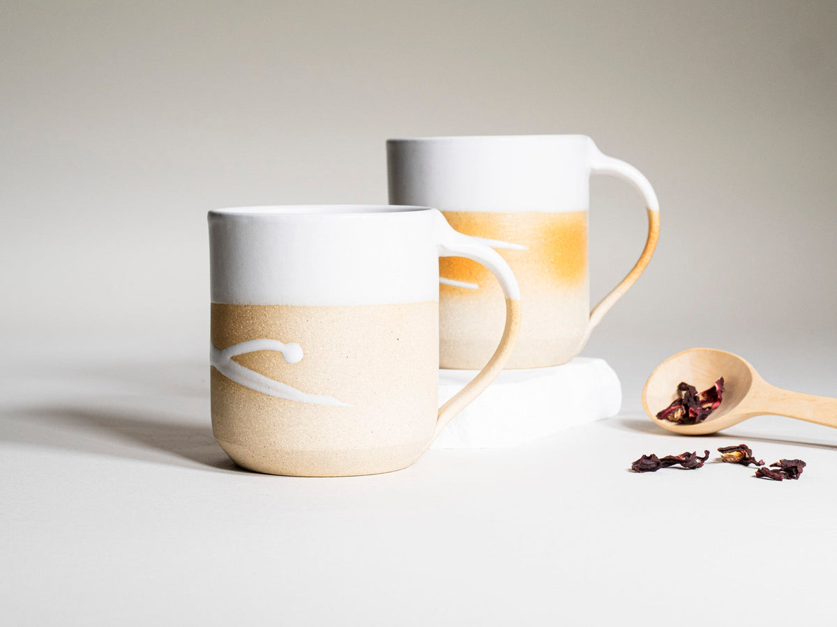 Ceramic Coffee Tea Mug with Handle Sandy White w/Trailing 14 oz Stoneware
