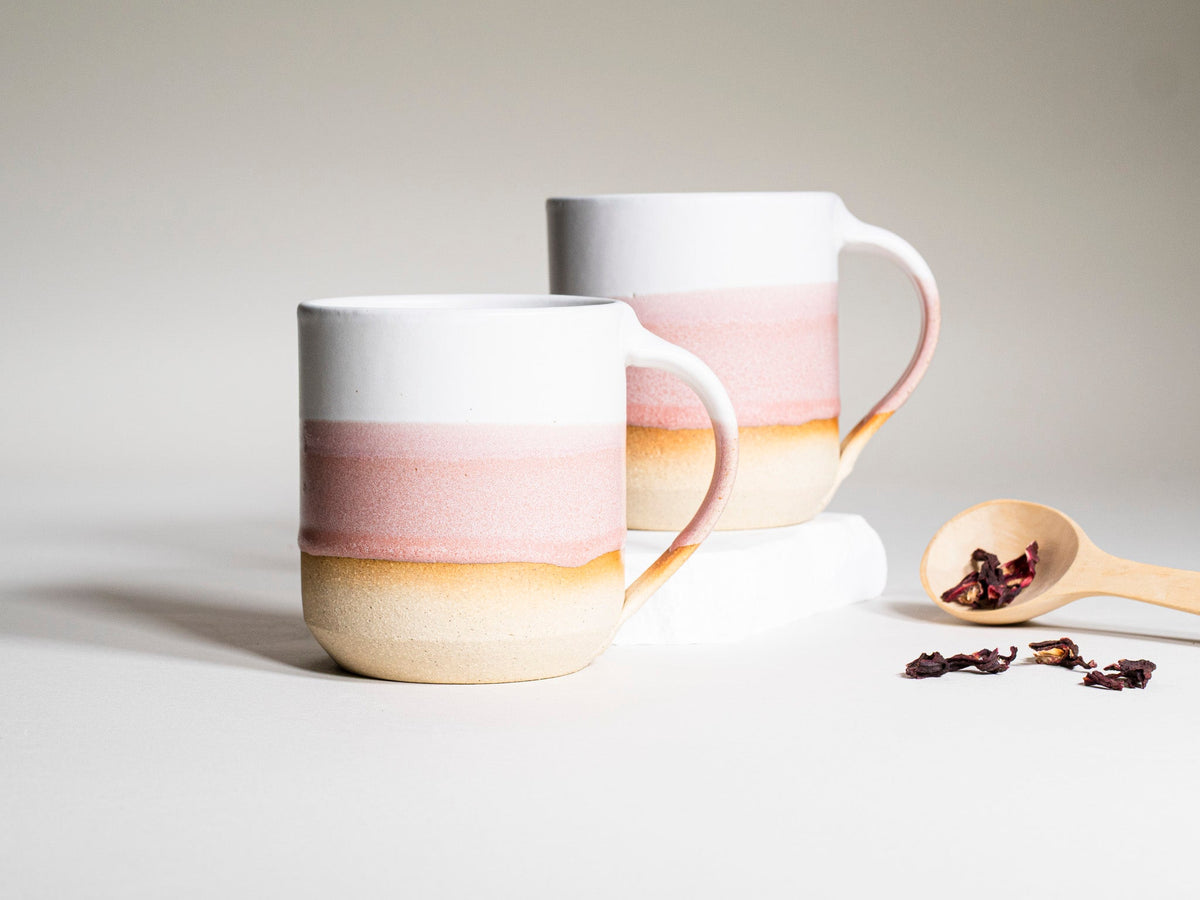 Ceramic Coffee Tea Mug with Handle Pink White 14 oz Stoneware