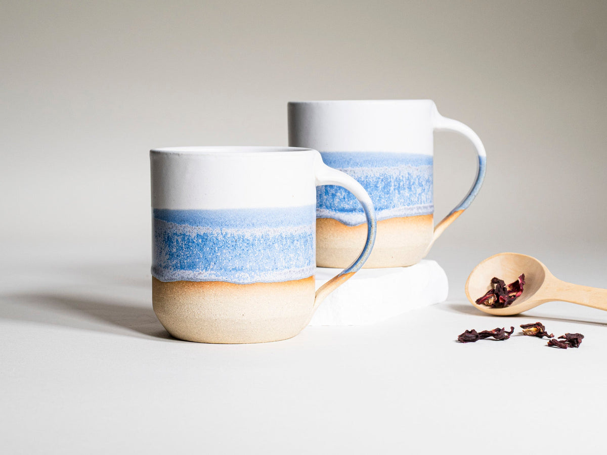 Ceramic Coffee Tea Mug with Handle Blue-Purple White 14 oz Stoneware