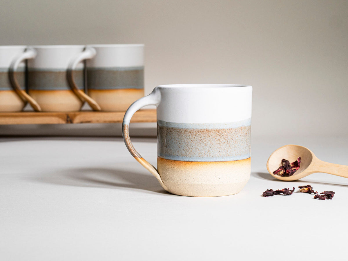 Ceramic Coffee Tea Mug with Handle Brown-Blue White 14 oz Stoneware