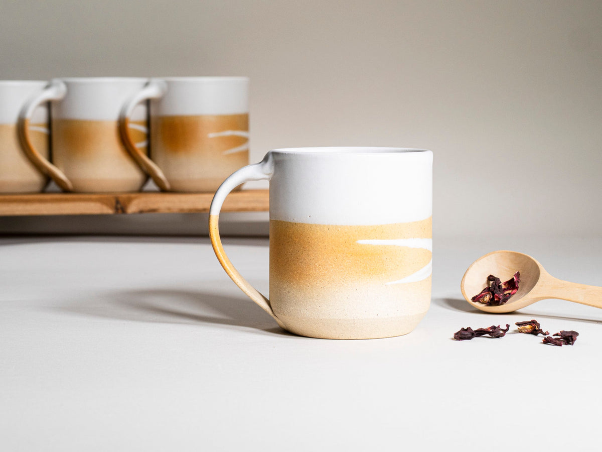 Ceramic Coffee Tea Mug with Handle Sandy White w/Trailing 14 oz Stoneware