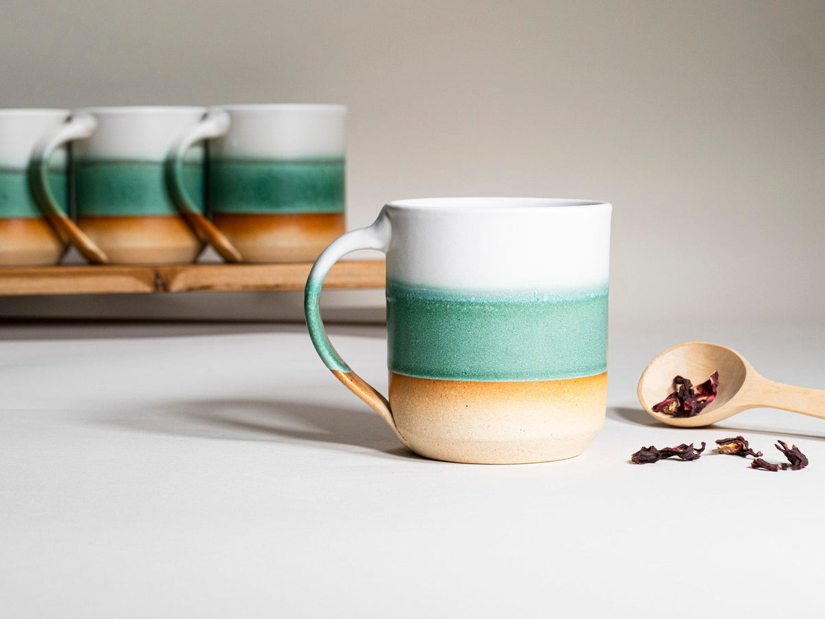 Ceramic Coffee Tea Mug with Handle Green White 14 oz Stoneware