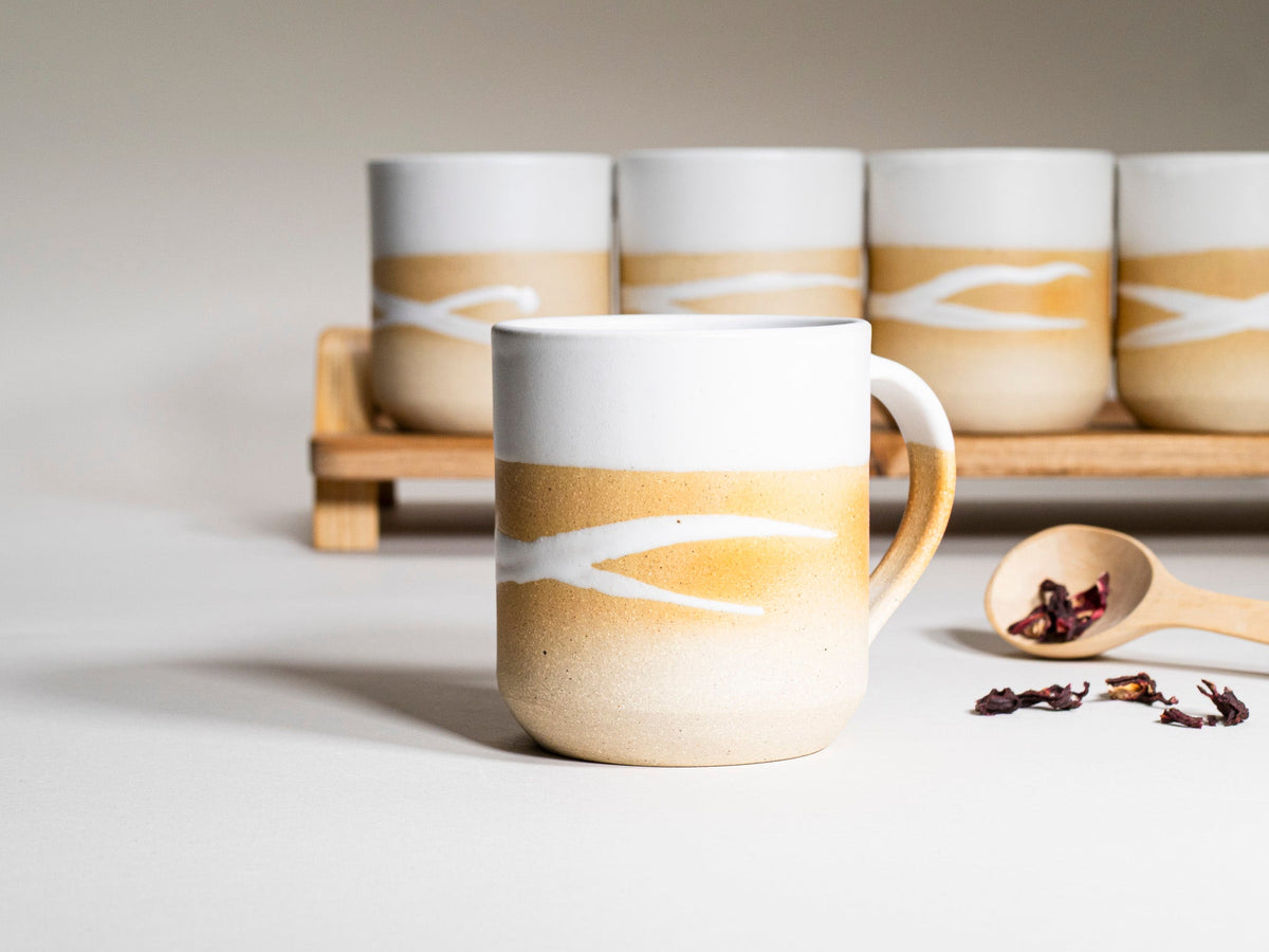Ceramic Coffee Tea Mug with Handle Sandy White w/Trailing 14 oz Stoneware