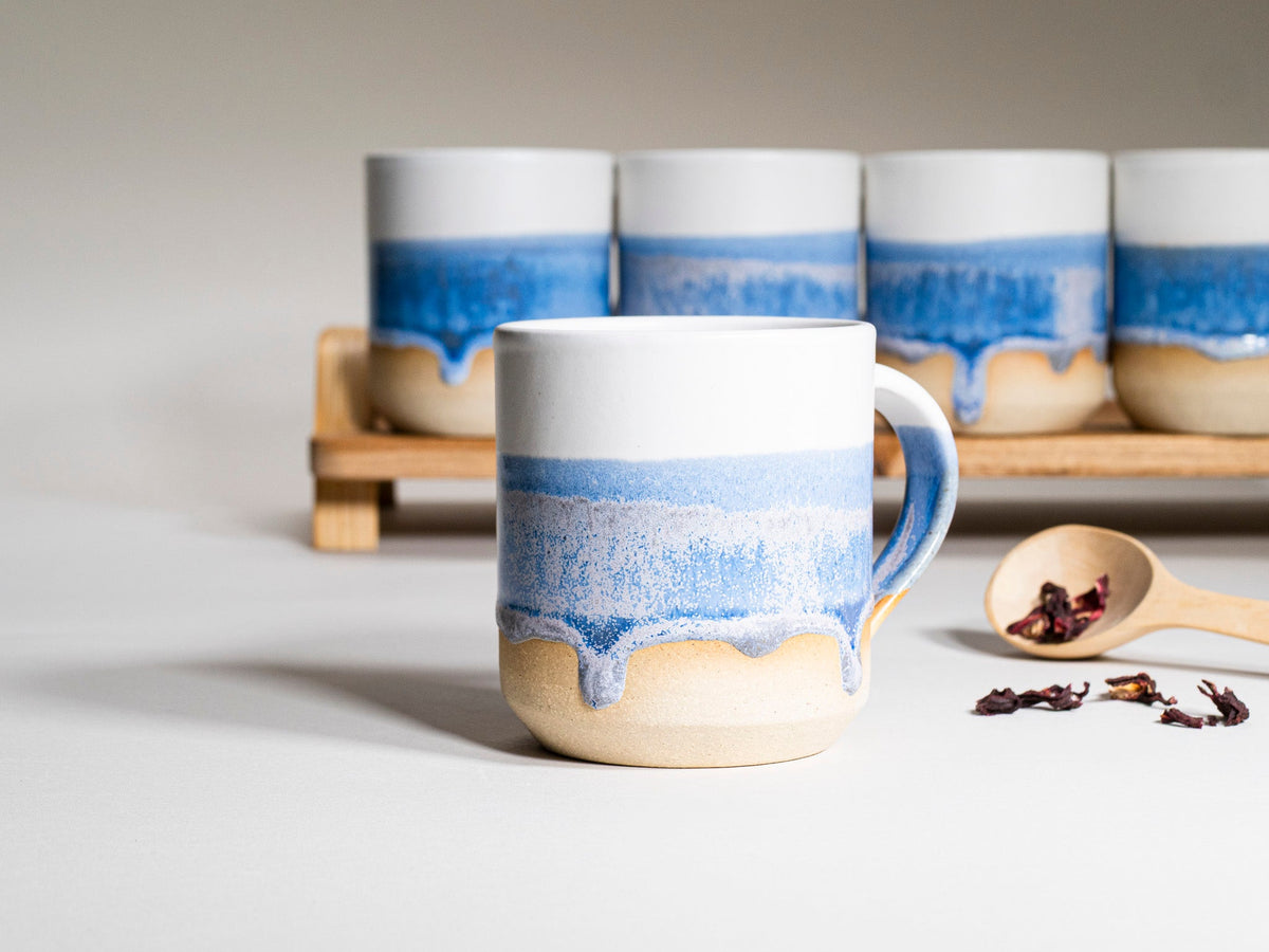 Ceramic Coffee Tea Mug with Handle Blue-Purple White 14 oz Stoneware