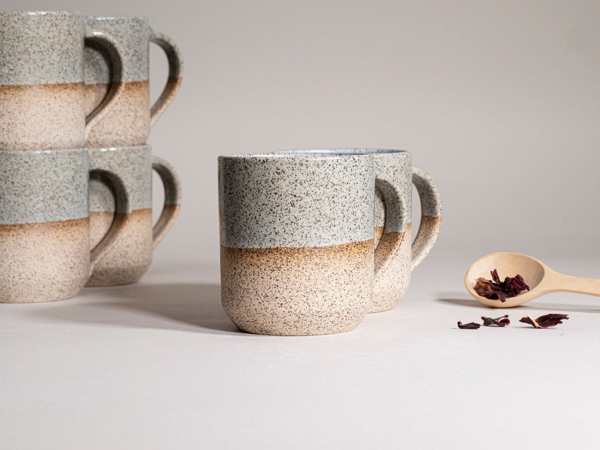 Ceramic Coffee Tea Mug with Handle Speckled Blue-Grey White 14 oz Stoneware