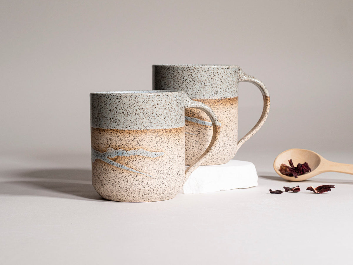 Ceramic Coffee Tea Mug Speckled Blue-Grey White w/Trailing 14 oz Stoneware