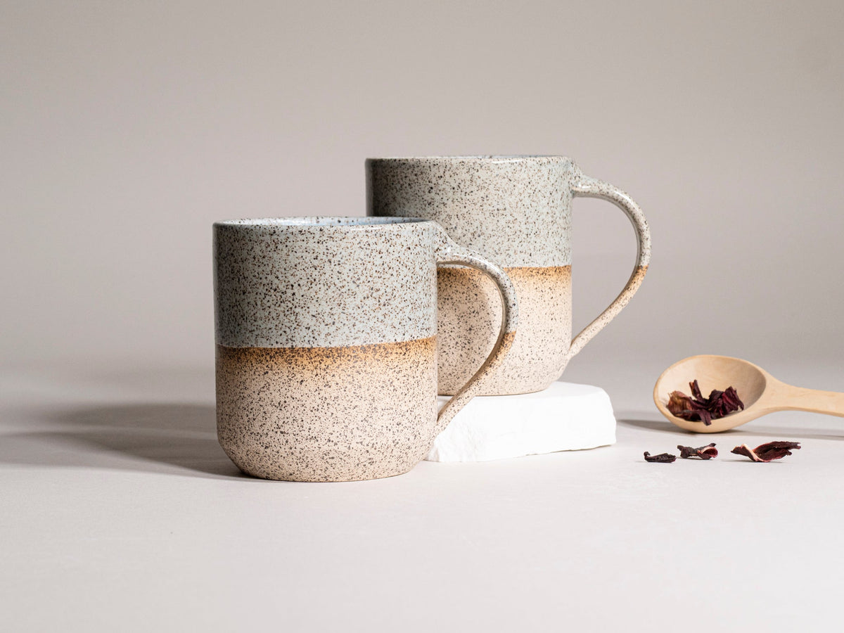 Ceramic Coffee Tea Mug with Handle Speckled Blue-Grey White 14 oz Stoneware