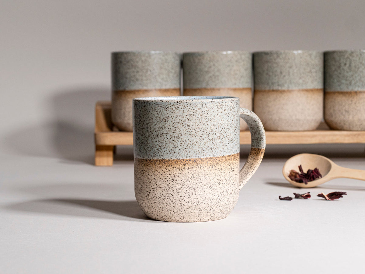 Ceramic Coffee Tea Mug with Handle Speckled Blue-Grey White 14 oz Stoneware