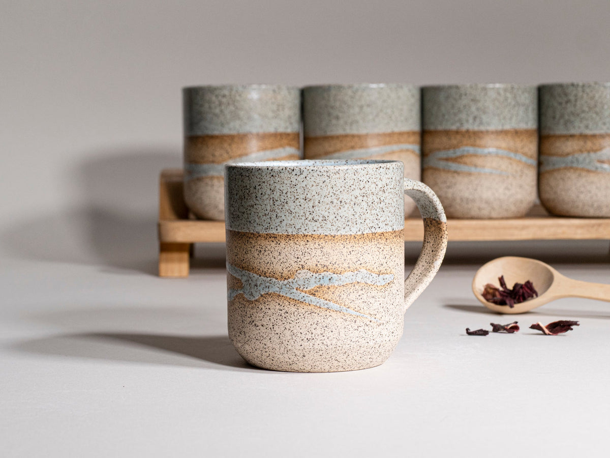 Ceramic Coffee Tea Mug Speckled Blue-Grey White w/Trailing 14 oz Stoneware