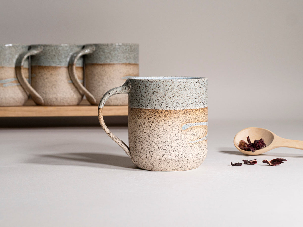 Ceramic Coffee Tea Mug Speckled Blue-Grey White w/Trailing 14 oz Stoneware