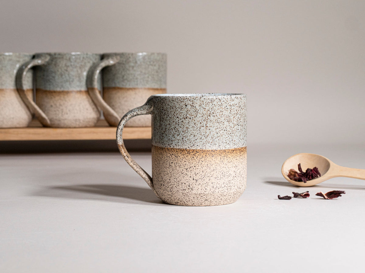 Ceramic Coffee Tea Mug with Handle Speckled Blue-Grey White 14 oz Stoneware