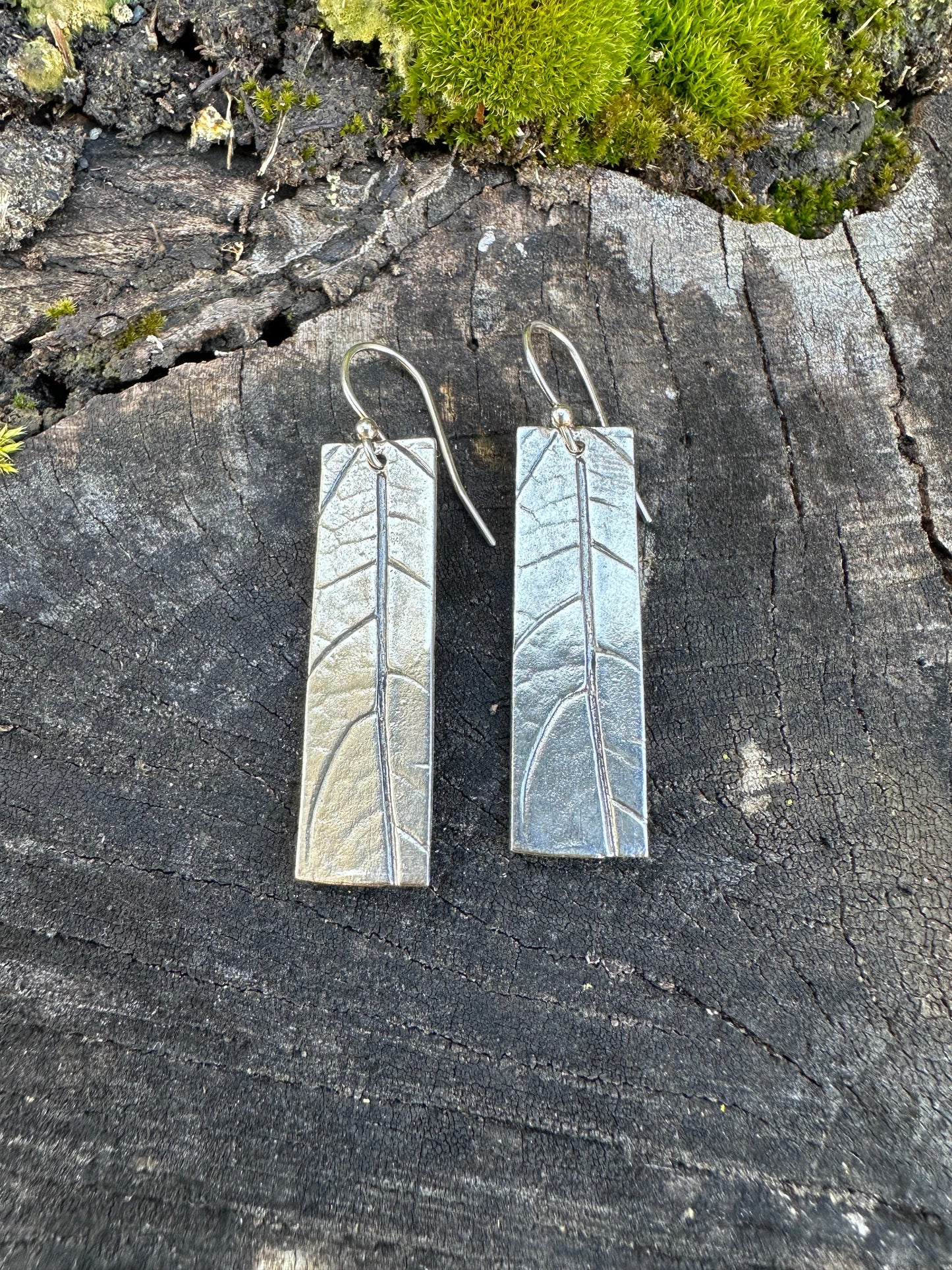Botanical Minimalist lightweight recycled sterling silver rectangle earrings with leaf texture, minimalist