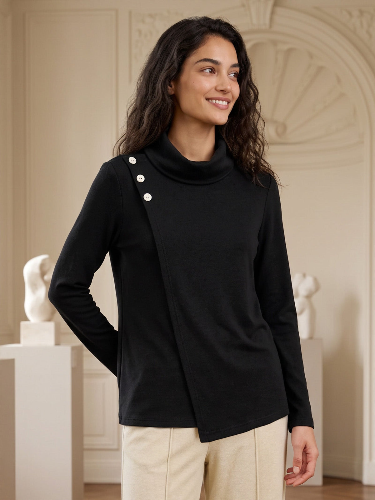Mock Neck Buttoned Stretch Top ZARIA