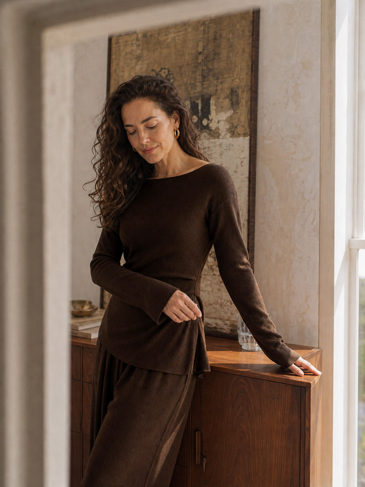 Merino Wool Boat Neck Asymmetric Hem Top LORELEI