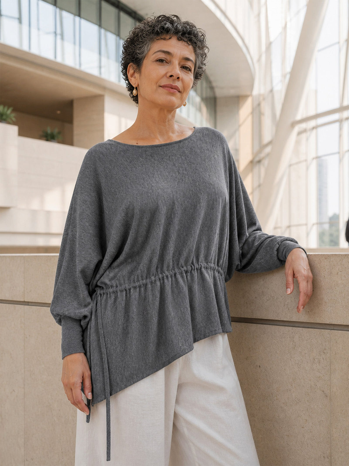Wool Asymmetric Drawstring Hem Loose Top WREN