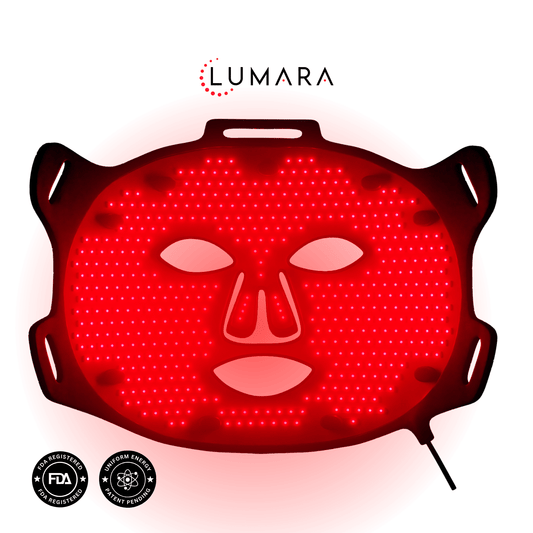 Red LED face mask with 'LUMARA' branding on a white background