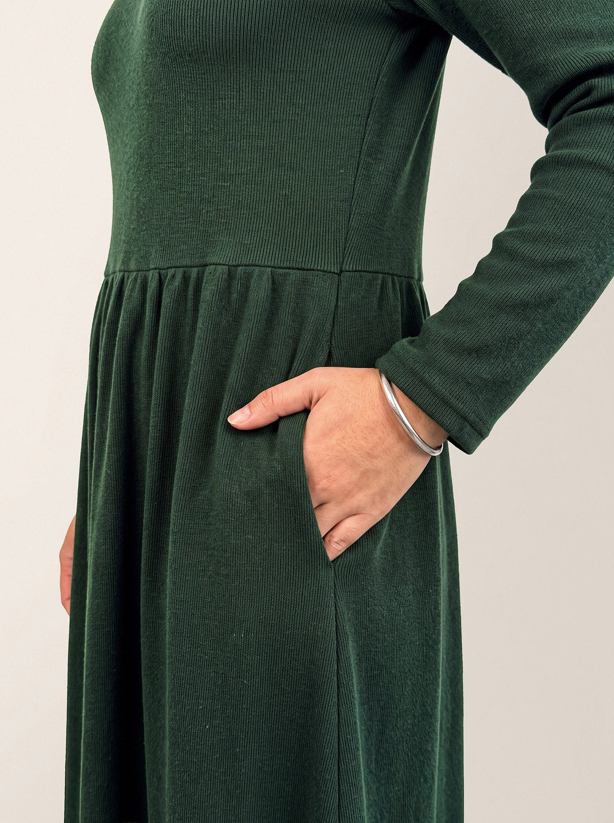 Lyocell Ruffle V-Neck Gathered Waist Knit Midi Dress BRIELLE