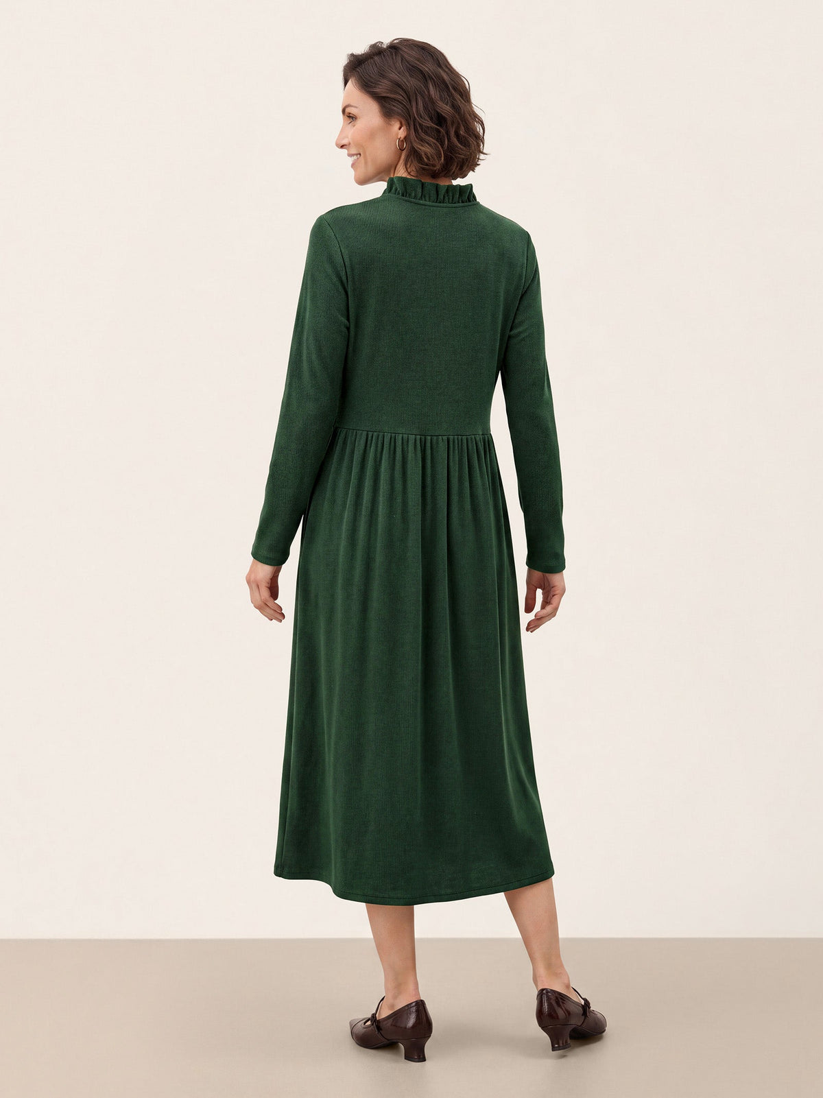 Lyocell Ruffle V-Neck Gathered Waist Knit Midi Dress BRIELLE