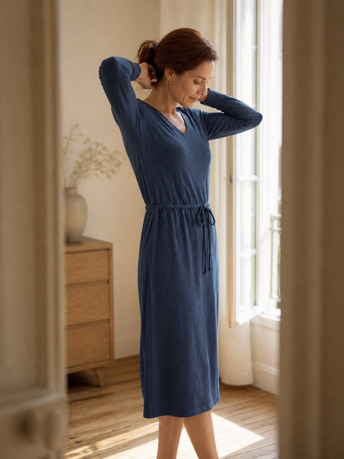 Noemie Wool Blend V-Neck Knit Midi Dress – Adjustable Drawstring Waist Sweater Dress